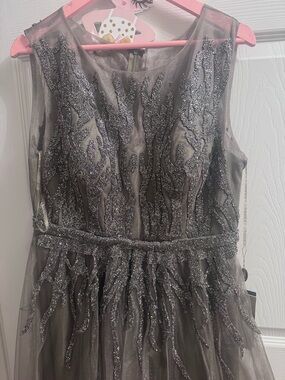 Sleeveless Gray Glitter Embellished Prom Dress